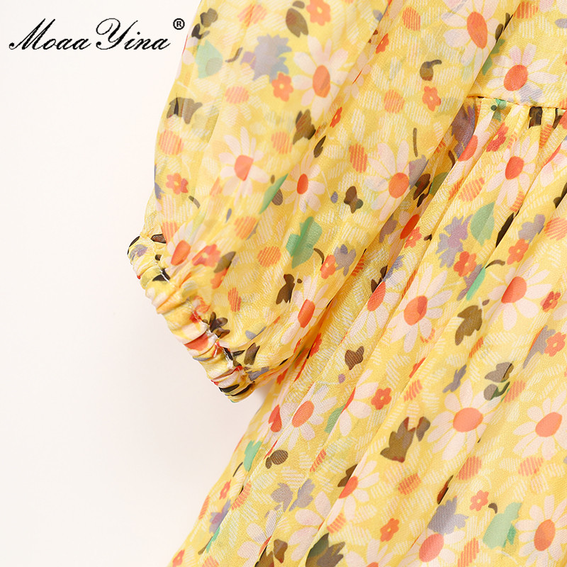 Bohemian Women's Summer Long Vacation Dress Bow tie Lantern Sleeve Floral print Chiffon Elegant Party 210524