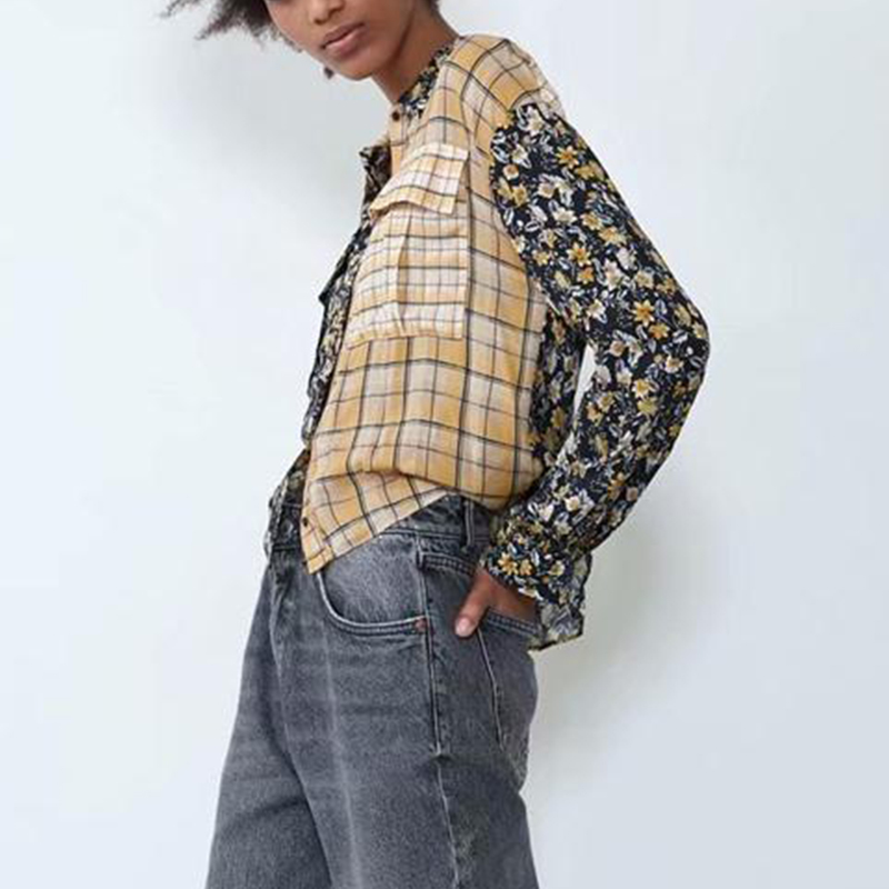 Women Summer Shirt Casual Long Sleeve Female Turn-down Collar Tops Plaid And Floral Blouses Button Black Shirts Camisas Mujer 210422