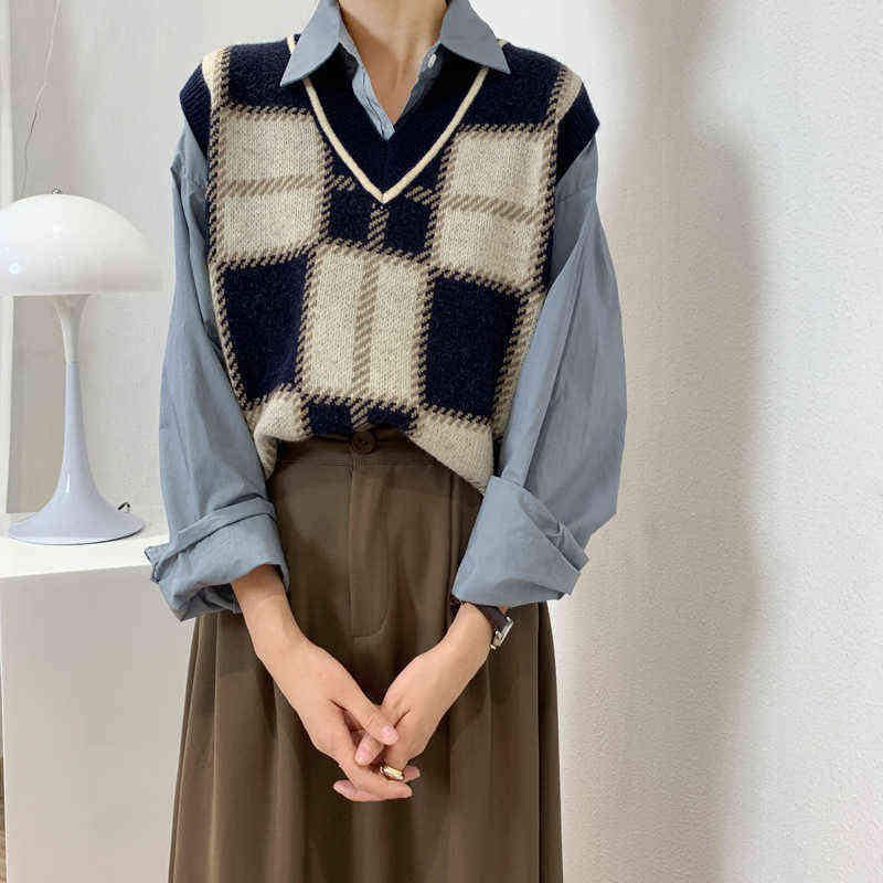 GOPLUS Vest Vintage Plaid Sweater Women Korean V-neck Knitted Sleeveless Short Gilet Femme Pull Sans Manche C10786 211120