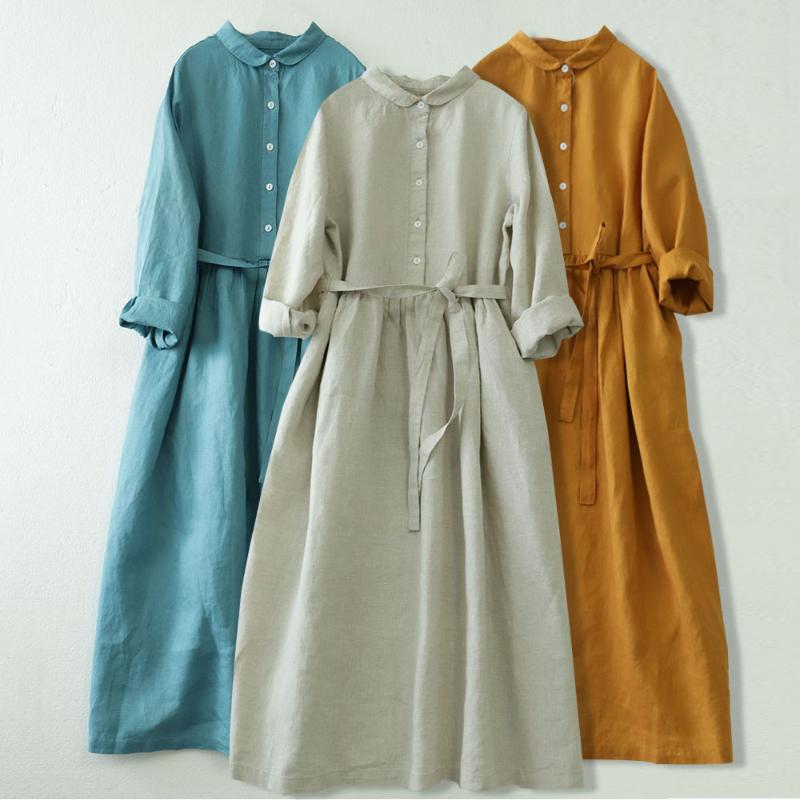 Pure Linen Long-sleeved Dress Aging Doll Collar Spring And Autumn Cotton Women's Shirt Long 277 Casual Dresses
