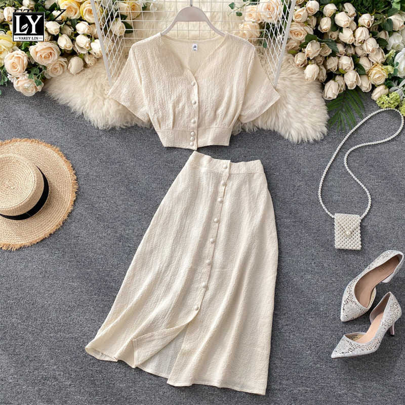 LY VAREY LIN Summer Women Casual V Neck Single Breasted Crop Tops High Waist A-line Solid Color Skirt Two Piece Set 210526