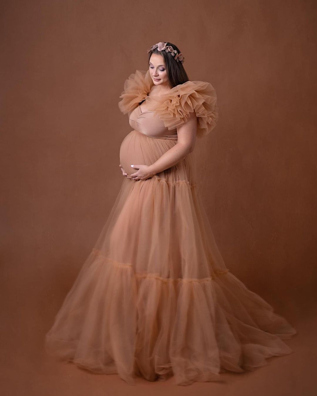 2021 Elegant Champagne Plus Size Pregnant Ladies A Line Sleepwear Dress Ruffle Nightgowns For Photoshoot Lingerie Bathrobe Nightwear Baby Shower