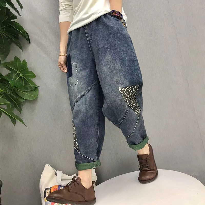 Arrival Spring Arts Style Women Elastic Waist Loose Embroidery Jeans Patchwork Print Vintage Cotton Denim Harem Pants V295 210512