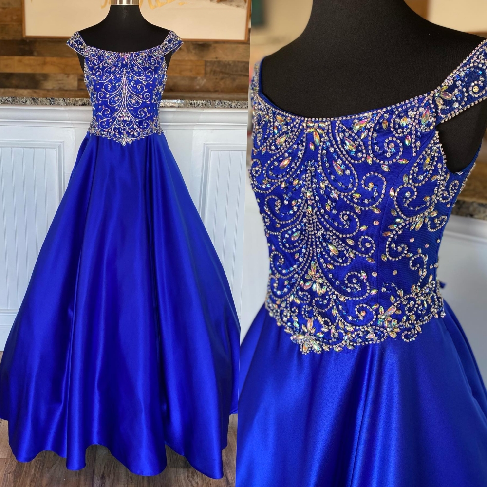 Royal Blue Girl Pageant Dresses 2022 Crystals Baby Girls Dress A-Line Off-Shoulder Little Kids Birthday First Communion Formal Event Wear Gowns Infant