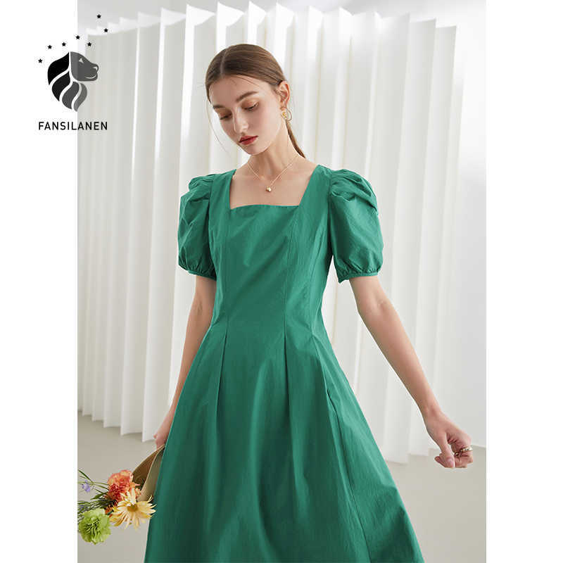 FANSILANEN Office Lady 100% Cotton Puff Sleeve Green Yellow Dress Summer Style French Square Collar Retro Long Skirt 210607
FANSILANEN Office Lady 100% Cotton Puff Sleeve Green Yellow Dress Summer Style French Square Collar Retro Long Skirt 210607