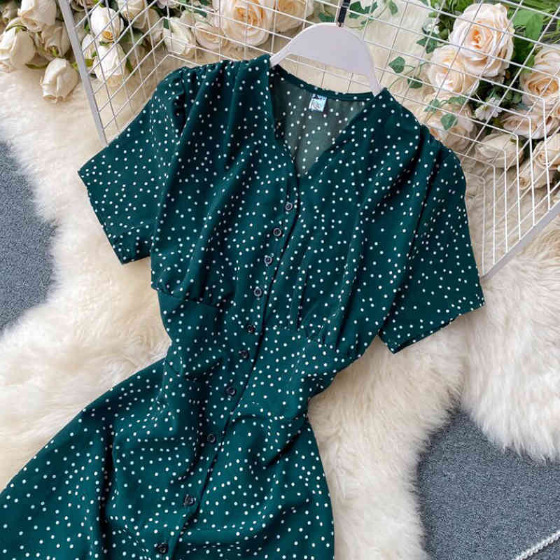 V Neck Polka Dot Print Summer Dress Elegant Party Chiffon Dress Women Single-breasted Casual High Waist Vestidos 210521