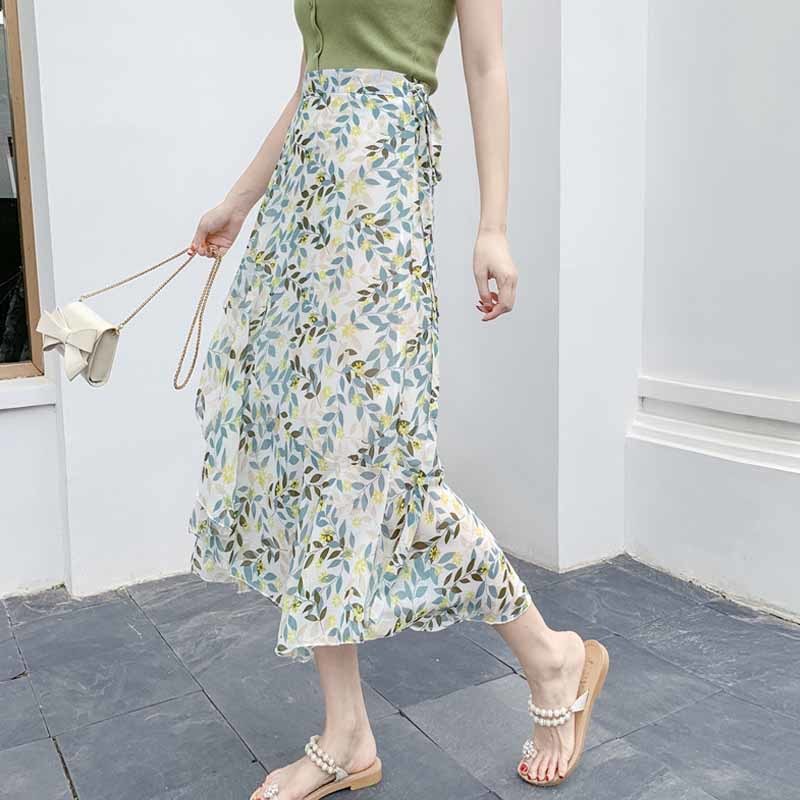 Summer Chiffon Skirt Women Lace-up Lotus Leaf Beach s Irregular Fishtail Floral Midi s Jupe Femme 10232 210518