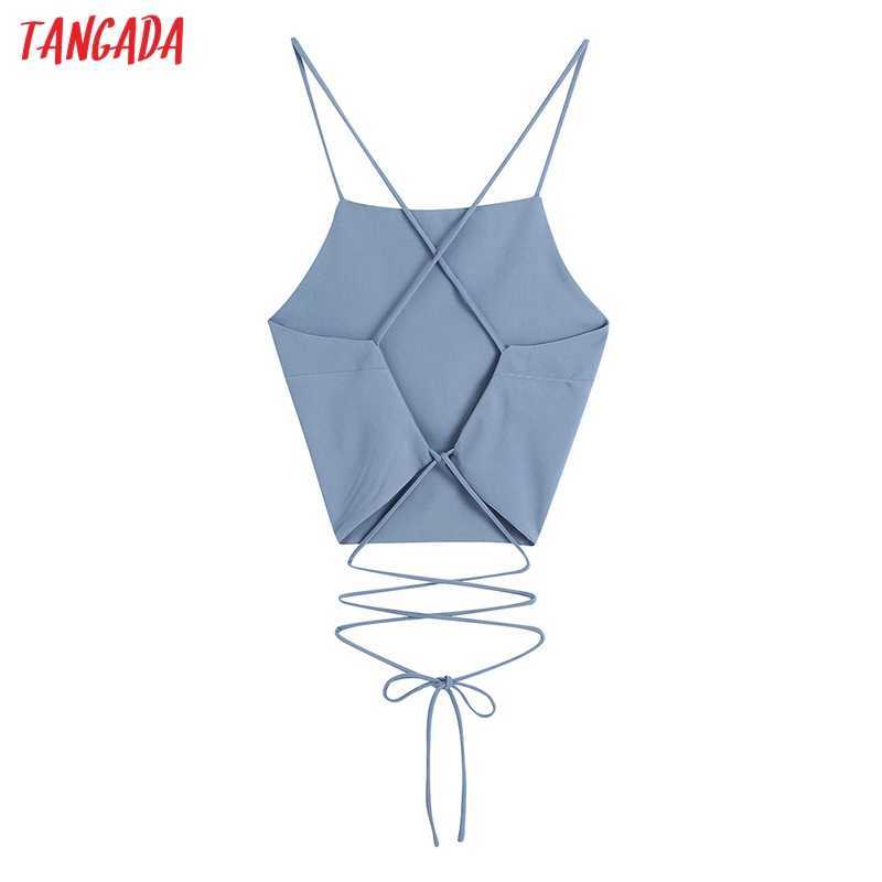 Tangada Women Blue Camis Crop Top Spaghetti Strap Sleeveless Backless Blouses Shirts Female Sexy Solid Tops CE143 210625