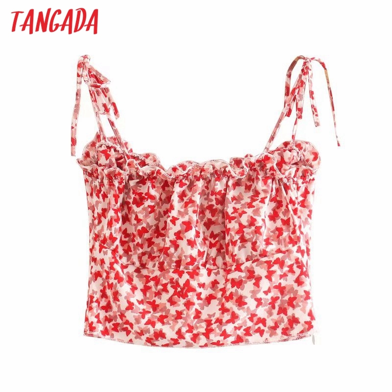 Women Red Floral Print Camis Crop Top Spaghetti Strap Sleeveless Backless Short Blouses Shirts Tops 3D58 210416