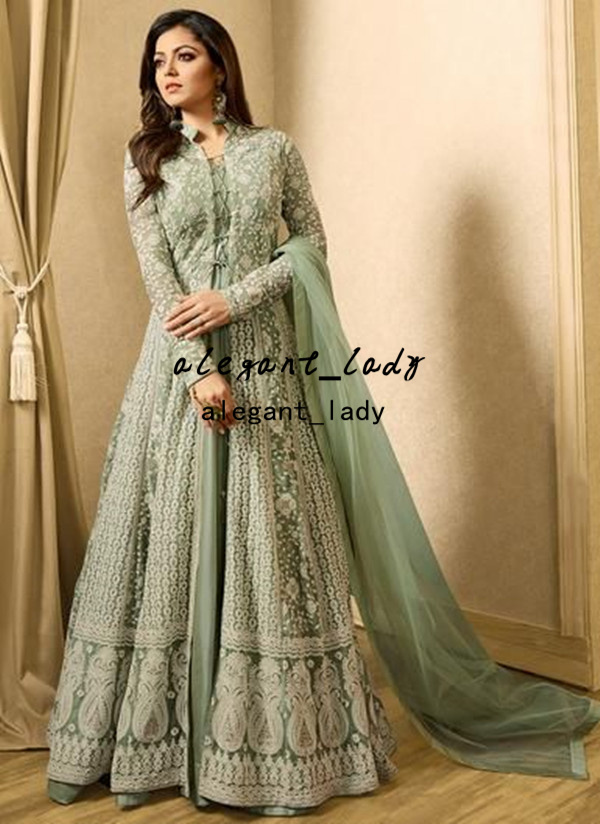 mint green Pakistani prom Dress Embroidery Anarkali Gown lace applique long sleeve caftan kaftan Bollywood Party evening gown