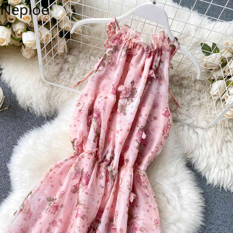 Korean Chic High Waist Hip Holiday Beach A Line Dress O Neck Sleeveless Flower Print Halter Vestido Bohemian Ropa 49447 210422