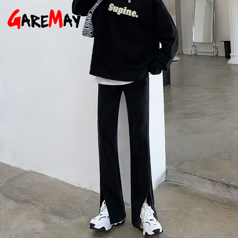 Straight Leg White Jeans Women Loose High Waist Mom Front Side Slit Denim Pants Vintage Stacked 210428
