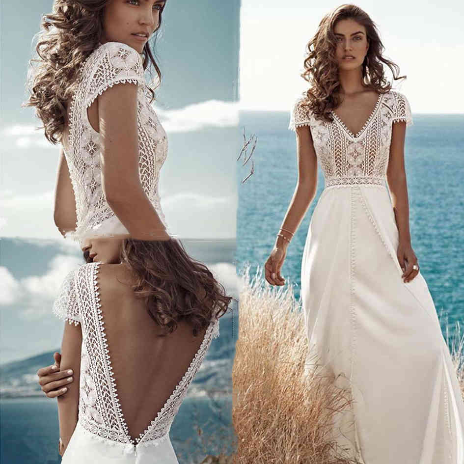 2021 Sexy Boho Lace Chiffon Wedding Dress V Neck Backless Beach Bride Dresses Cap Sleeves Long Bohemian Wedding Gown A-Line Robe, White
2021 Sexy Boho Lace Chiffon Wedding Dress V Neck Backless Beach Bride Dresses Cap Sleeves Long Bohemian Wedding Gown A-Line Robe, White