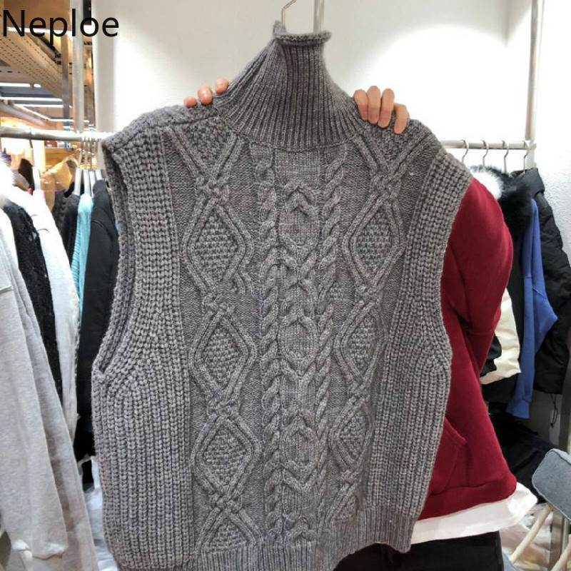 Neploe Temperament Turtleneck Knitwear Pullovers Vest Female Winter Clothes Solid Color Knitted Ribbes Waistcoat Women Tank Tops 210422
