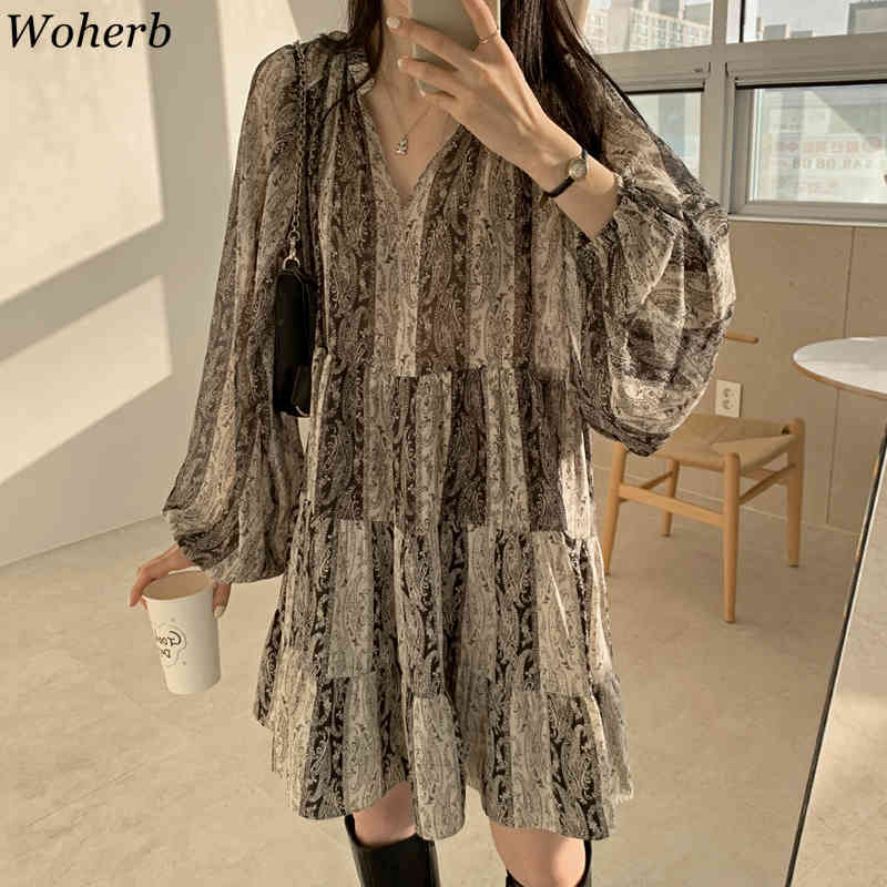 Vestidos Mujer Summer V Neck Printed Vintage Dress Indie Folk Lantern Sleeve Loose Korean Fashion Dresses Women 210519