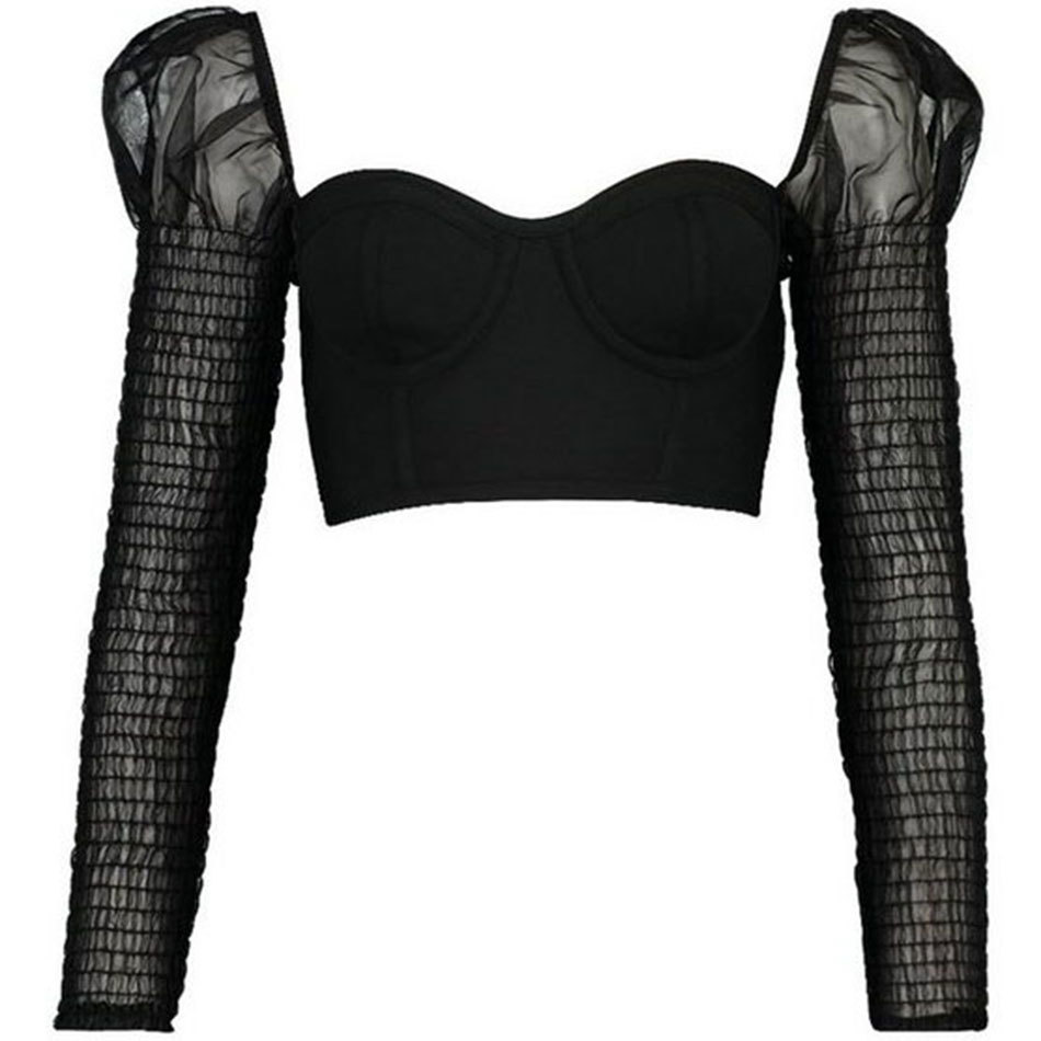 Free Sexy Shirt top Women's Black Mesh Bandage Fashion Slim Fit Solid Cut Elegant Bubble Long Sleeve Top 210524