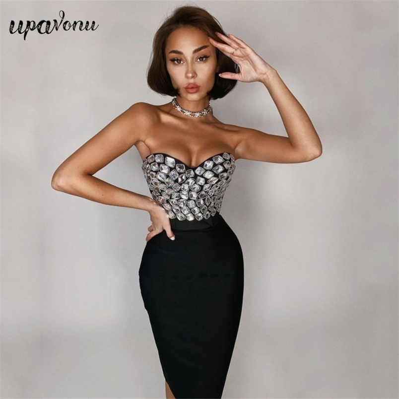 Free Spring Sexy Bandage Dress Set Beaded Sleeveless Top & Midi Skirt 2 Two-piece Bodycon Women 210524