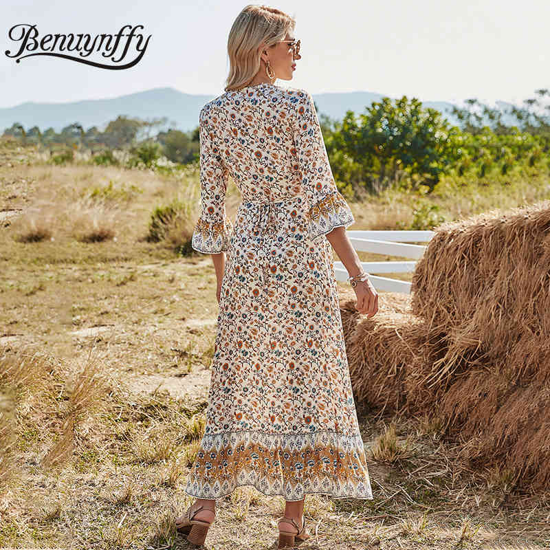 V-neck Button Up Floral Print Vacation Bohemian Maxi Dresses Women Summer Casual Tie Waist 3/4 Sleeve Ruffle Hem Dress 210510
