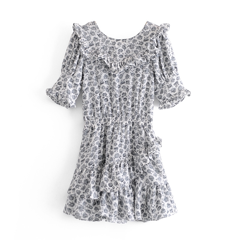 Summer Spliced Ruffles Women Short Sleeve Dress Retro Slim Elastic Waist Wood ears Mini Dresses Holiday 210429