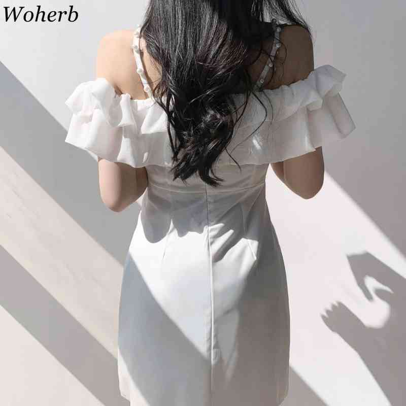 Vestidos Mujer Sexy Beading Off Shoulder Mini Dress Summer Sling Short Sleeve Ruffles Robe Elegant Bodycon Party Dresses 210519