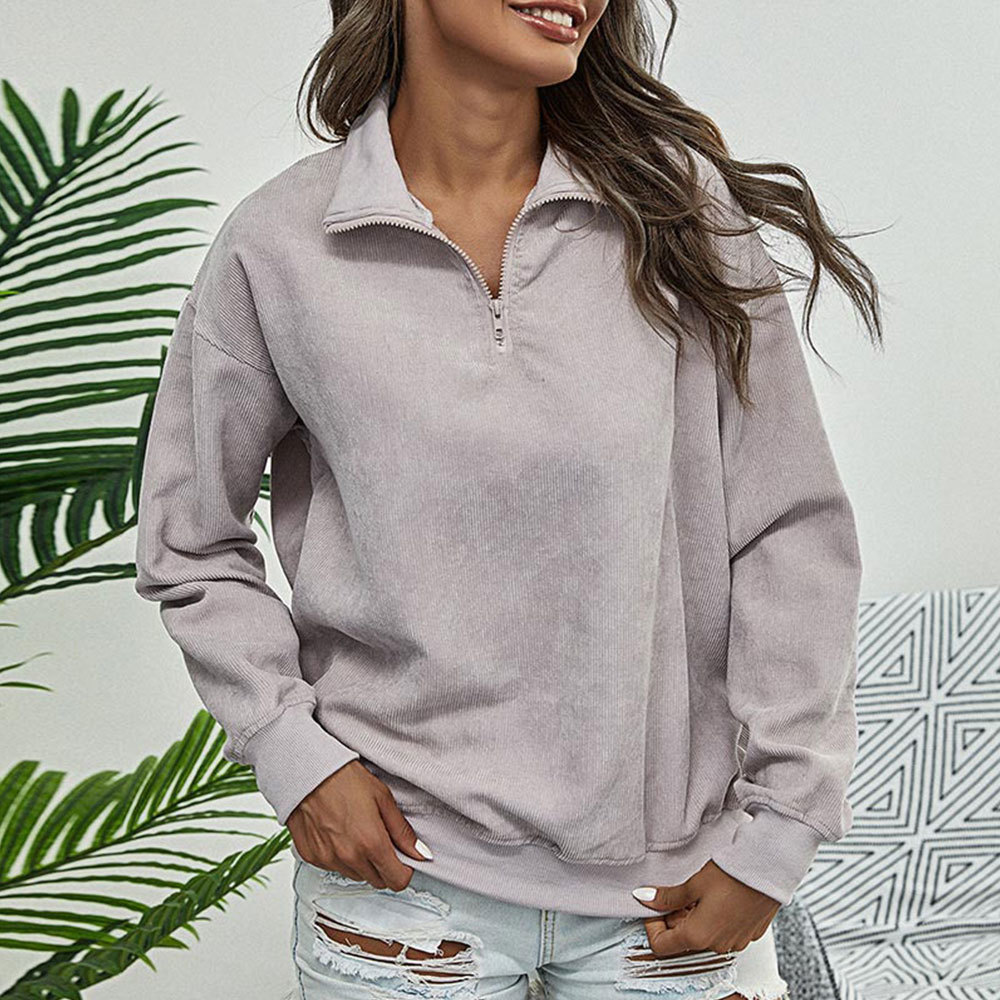 Vintage Corduroy Hoodies Stand Collar Zipper Sweatshirts Streetwear Loose Pullovers Women Autumn Oversized Tops 210428