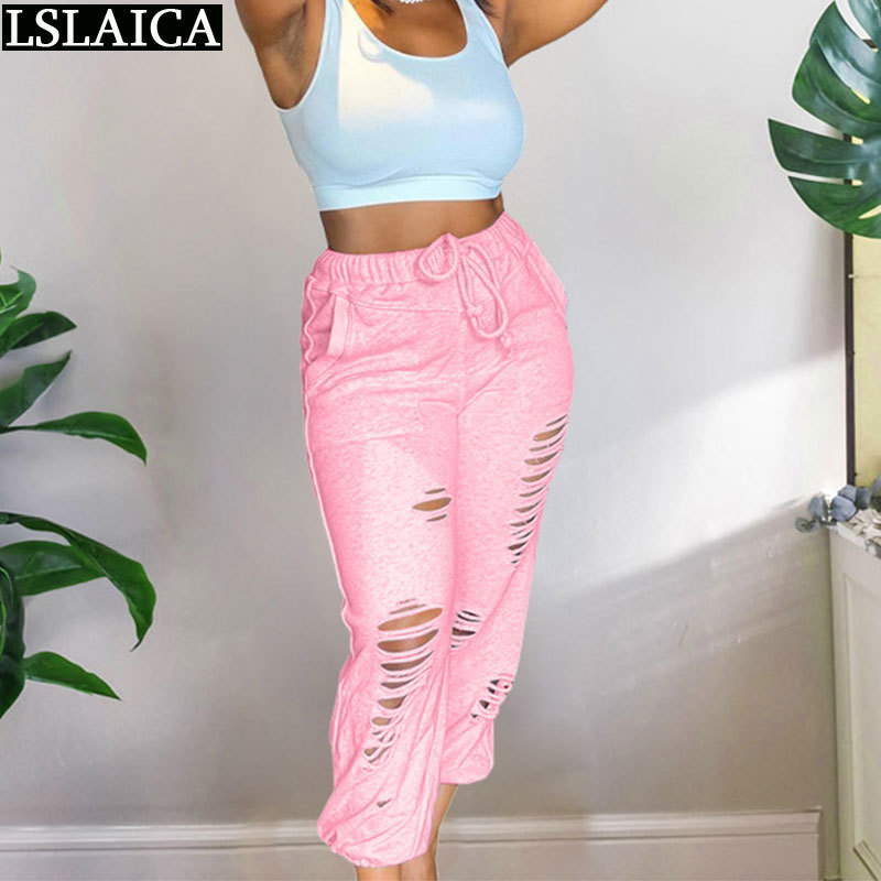 Woman Pants Sport Casual Loose Drawstring Pocket Hole Trousers Women Fashion Sale Solid Elastic Waist Pantalones Para Mujer 210515