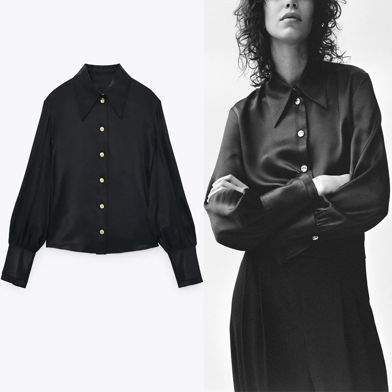 Satin Black Office Shirt Women Long Sleeve Metal Button Slim Blouse Female Fashion Vintage Tops 210518
Satin Black Office Shirt Women Long Sleeve Metal Button Slim Blouse Female Fashion Vintage Tops 210518