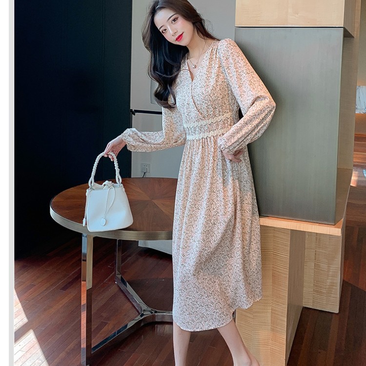 Spring Elegant Chiffon Dress for Women V-Neck Floral Print Female Long Sleeve A-line Midi Robe Vestidos 210519