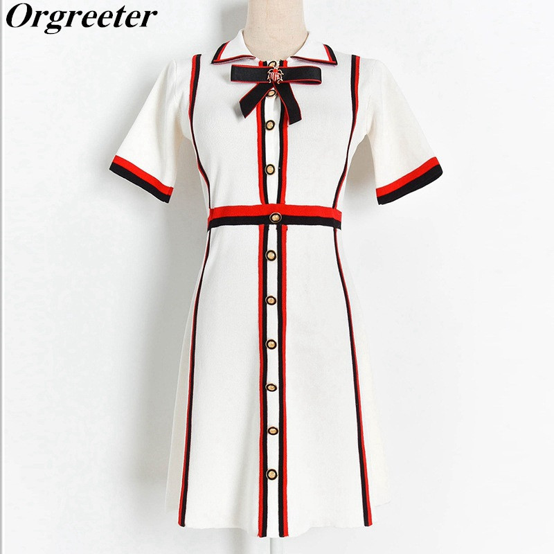 Runway Design Lapel Striped Color contrast Short Sleeve Knitted Dress Women Temperament Vintage Bee Bow Cravat Sweater 210525, Short sleeve dress 1
Runway Design Lapel Striped Color contrast Short Sleeve Knitted Dress Women Temperament Vintage Bee Bow Cravat Sweater 210525, Short sleeve dress 1