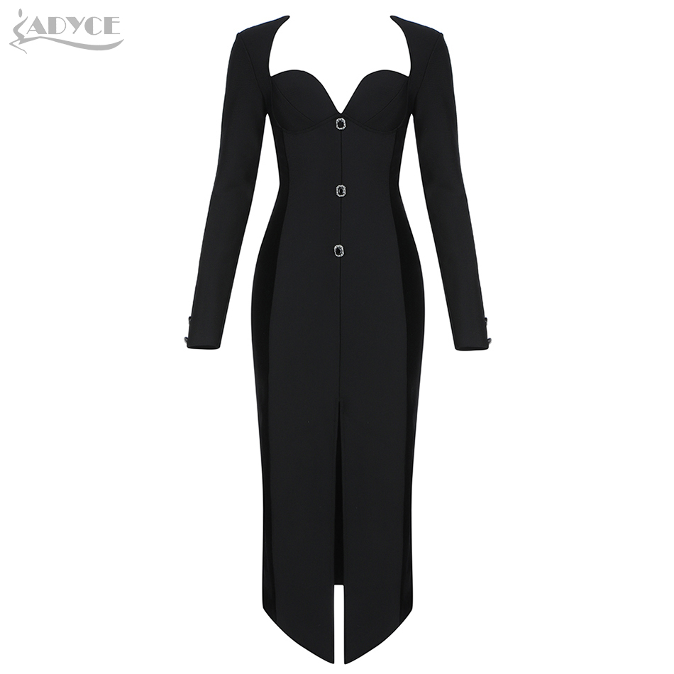 Winter Women Black Long Sleeve Bandage Dress Sexy V Neck Diamonds Midi Celebrity Runway Club Party Bodycon 210423