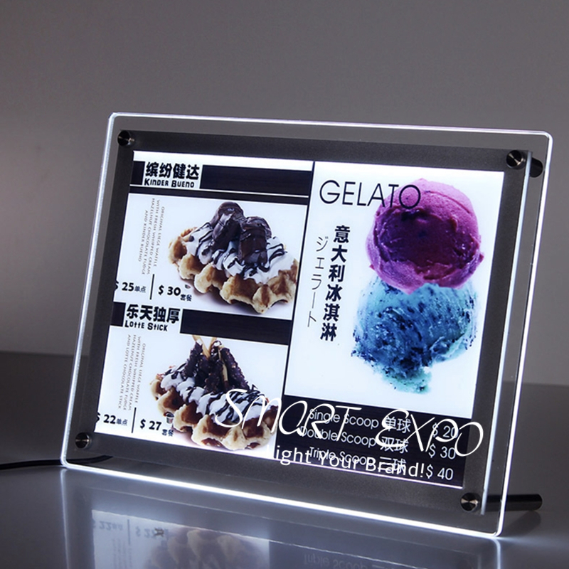 A3 Counter Crystal Light Box Advertising Display Featuring Free Standing on Table Supported by Steel Bolts and Wooden Case Packing