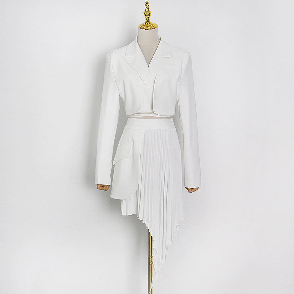 High Quality Women'S Suit Jacket Waist Irregular Pleated Skirt Two-Piece Fashionable White 210525