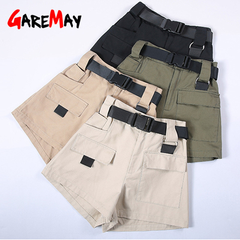 Women's shorts summer High Waist With Belt Black streetwear Classic Cargo Harajuku Khaki For Women 210428