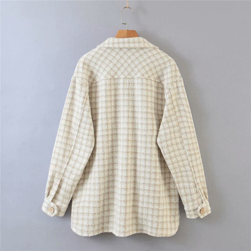 Women Casual Plaid Print Autumn White Long Jackets Outwear Chic Lady Stylish Single Breasted Sleeve Pockets Coat Jacket 210421