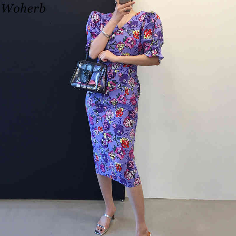 Summer Dresses Print Floral Bandage V Neck Sexy Bodycon Vestidos Short Puff Sleeve Sweet Beach Style Robes Femme 210519