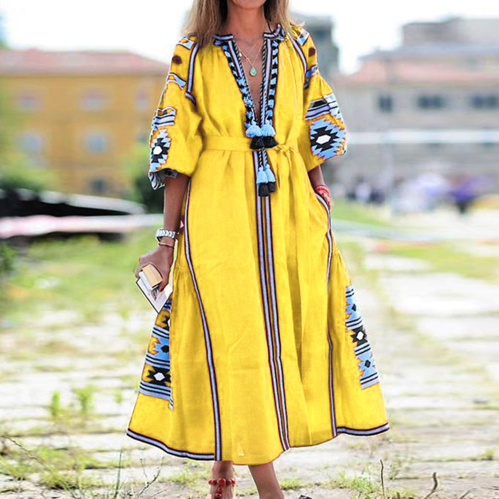 Women Dress Lantern Sleeve V-neck Printing Dresses Plus Size Yellow Blue Red Green Long Summer Clothes 210513