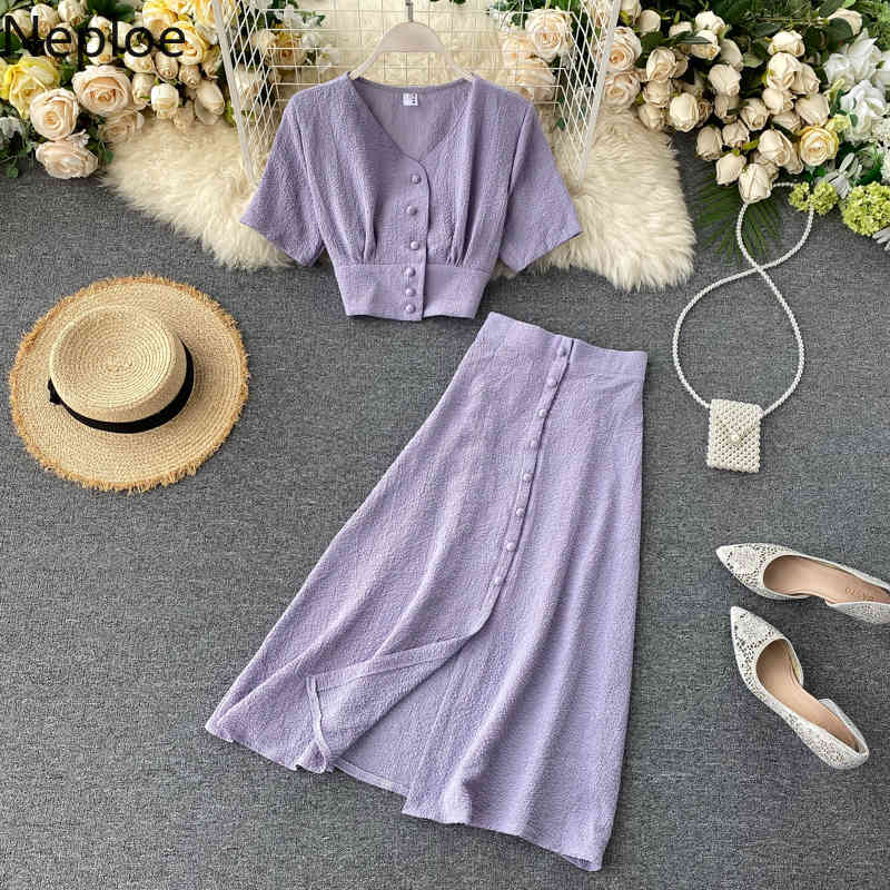 Neploe Fashion Red Suit Single Breasted Shirt Tops High Waist Slim Maxi Skirts Femme Roupas Korean 2 Piece Set Women 95497 210422