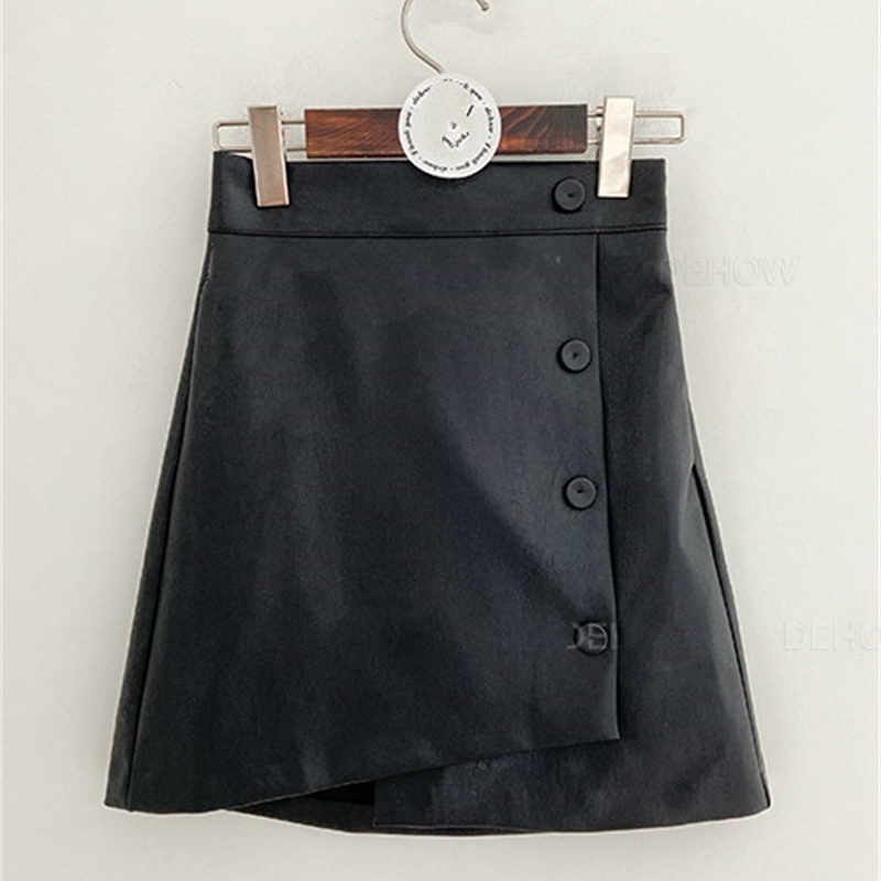 Nomikuma Autumn Winter New PU Skirt Korean Irregular Buttons Leather Women Skirts Causal High Waist Faldas Mujer Moda 6D149 210427