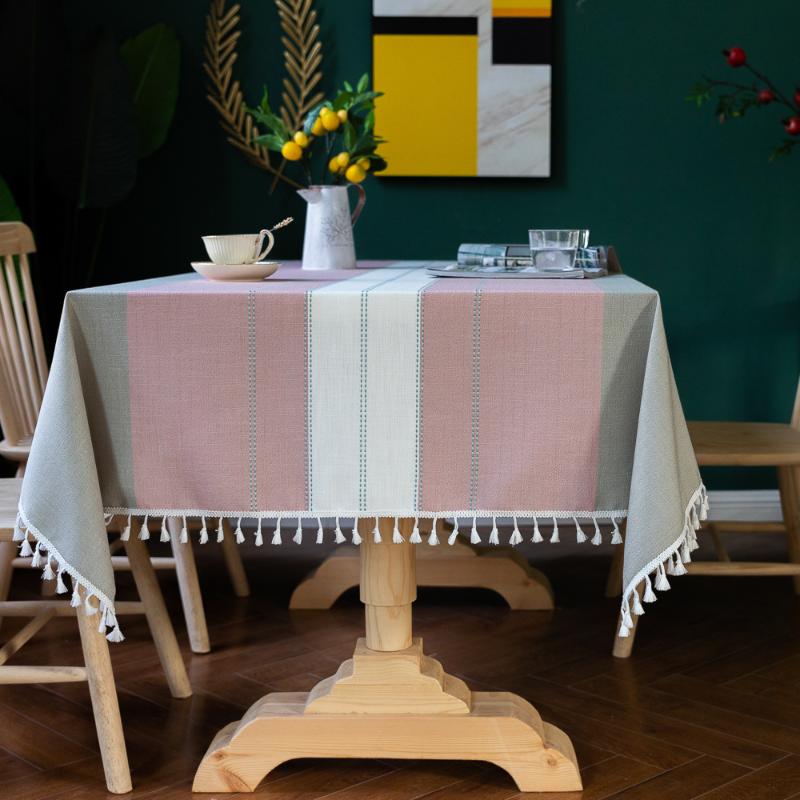 Home Striped Linens Cotton Tablecloth Tassel Protection Table Dinner Party Embroidered Banquet Cover Decorations Cloth