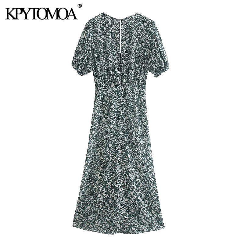 Women Chic Fashion Floral Print Gathered Midi Dress Short Ruffled Sleeves Back Zipper Female Dresses Mujer 210420
