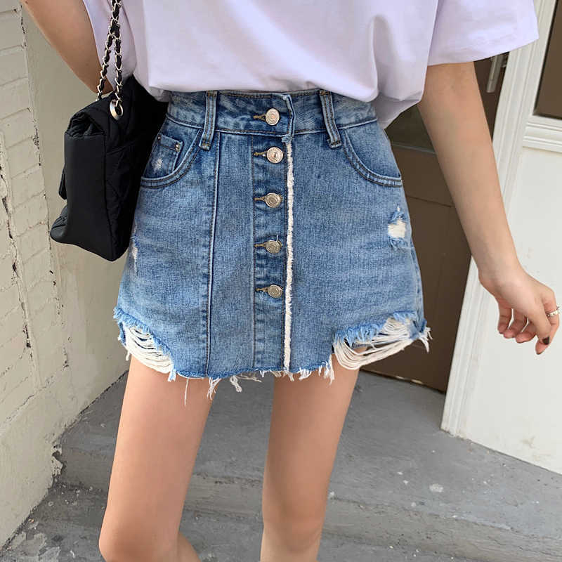 Vintage Ripped Hollow Out Jeans Shorts for Girls Women Summer Single-Breasted High Waist Denim Skirt Plus 210601