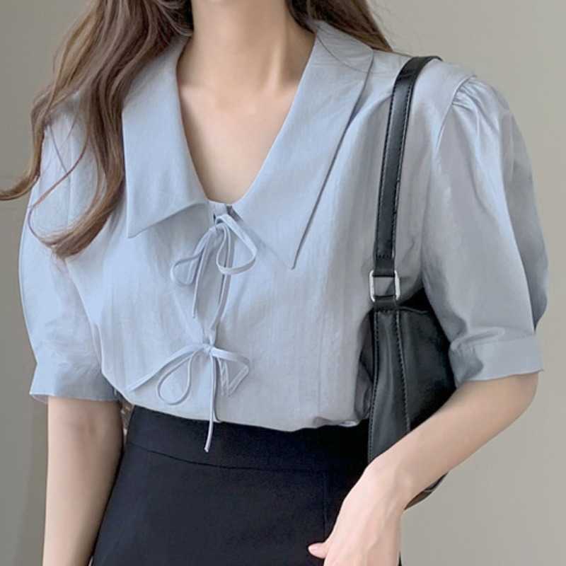 Korean Sweet Bow Tie Blouse Women Puff Sleeve Turn-down Collar Shirt Summer Fashion Blusas Mujer De Moda 6J464 210603