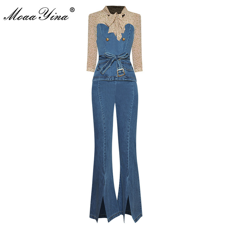 Fashion Set Spring Women's Lantern Sleeve Bow collar Floral-Print Tops+Trousers Cowboy Two Pieces 210524