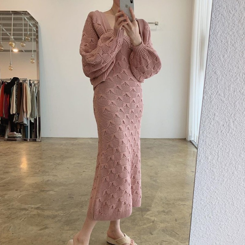 Korean Jacquard Knitted 2 Piece Set Women Chic Single-Breasted Lantern Sleeve Short Sweater Coat + Spaghetti Strap Slim Dress 210518