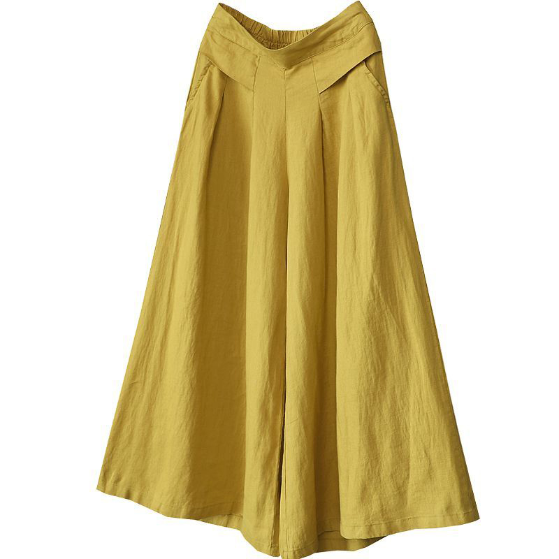Summer Arts Style Women Elastic Waist Solid Wide Leg Pants All-matched Casual Cotton Linen Loose Plus Size S980 210512