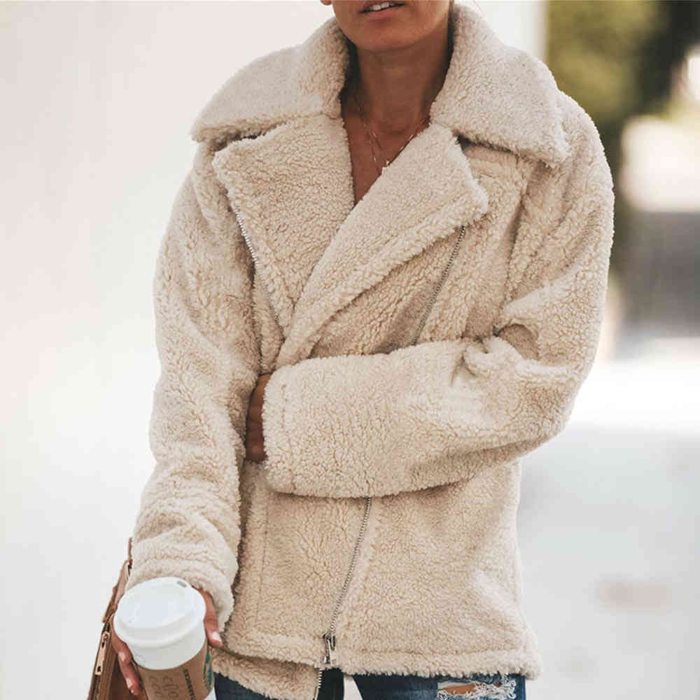 Causal England Style Overcoats Women Winter Elegant Faux Fur Jackets Thick Warm Zipper Up Teddy Plus Size Outwear 210428