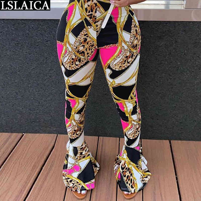 Slim Woman Pants Chain Print Leopard Patchwork Casual Leggings High Waist Fashion Flare Party Club Streetwear Pantalones 210515
