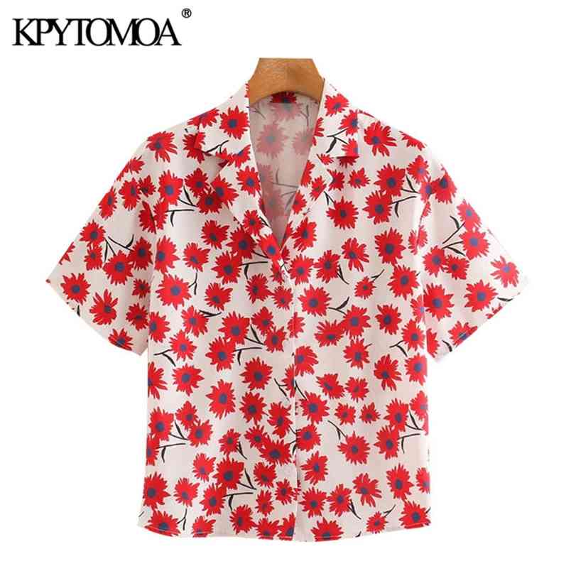 Women Fashion Floral Print Button-up Blouses Lapel Collar Short Sleeve Loose Female Shirts Chic Tops 210420