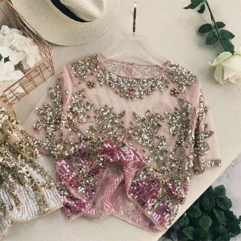 Runway Lady Fashion Embroidery Beaded Blingbling Short Sleeved shirt Women Round Neck Sequin Perspective Elegant Tops 210527