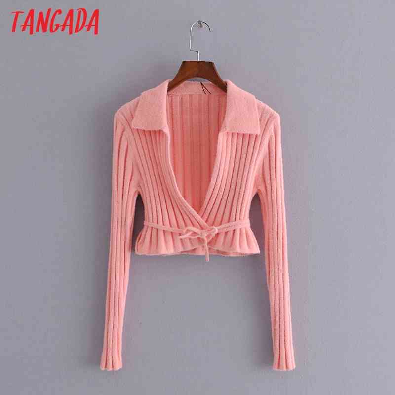Women Elegant Pink Striped with Slash Jumper Lady Fashion Short Knitted Cardigan Coat 3H174 210416